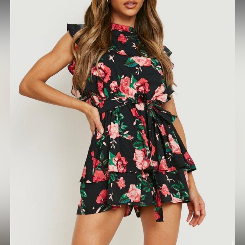 Floral Print Ruffle Belted Playsuit